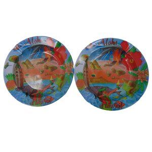 Vintage Tin Hawaii Ashtray Aloha Hawaiian Islands Vibrant Tiki Lot 2 Tourist